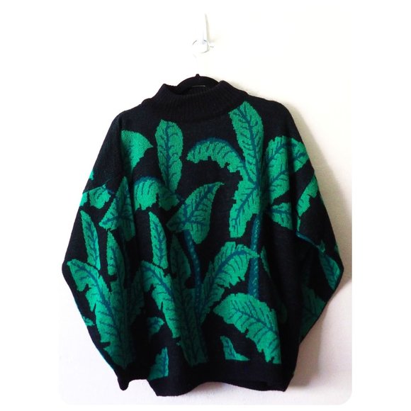 Vintage Sweaters - VTG ESPRIT Sport Black Green Palm Leaf Tropical